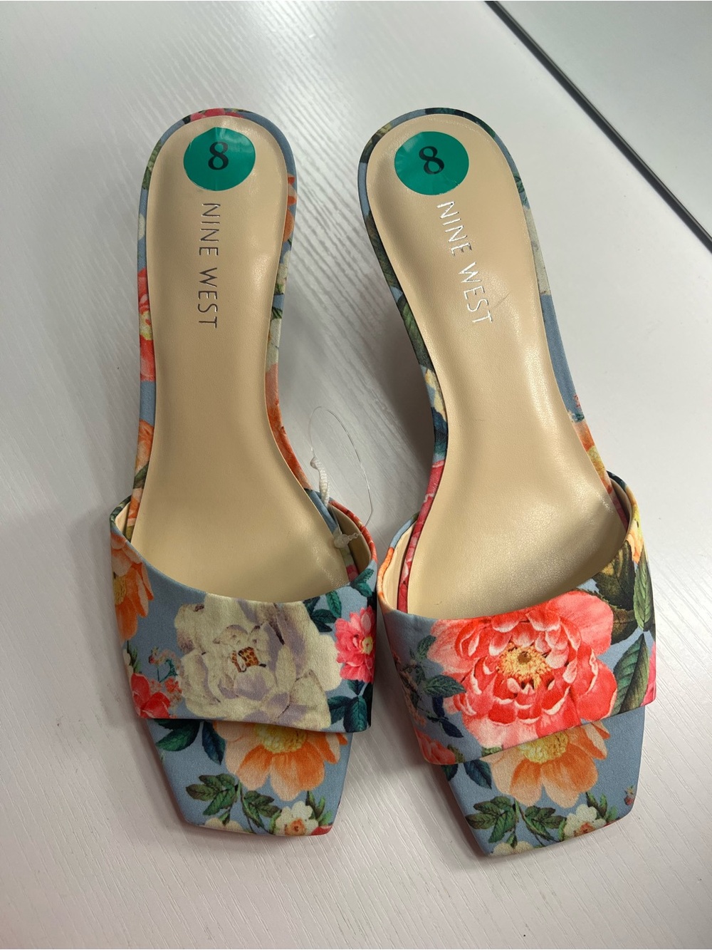 Nine West Floral Print Light Blue Slide Mules - Picture 8 of 16